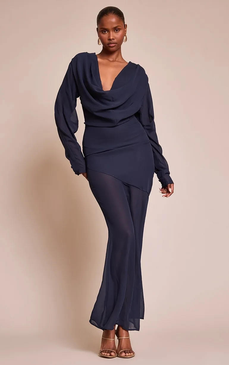 long sleeve cowl neck maxi dress Radiana Women's Elegant Burnt Orange Velvet Long Sleeve Cowl Neck Bodycon Maxi Dress For Evening Party Evening Party Cocktail Autumn Fall