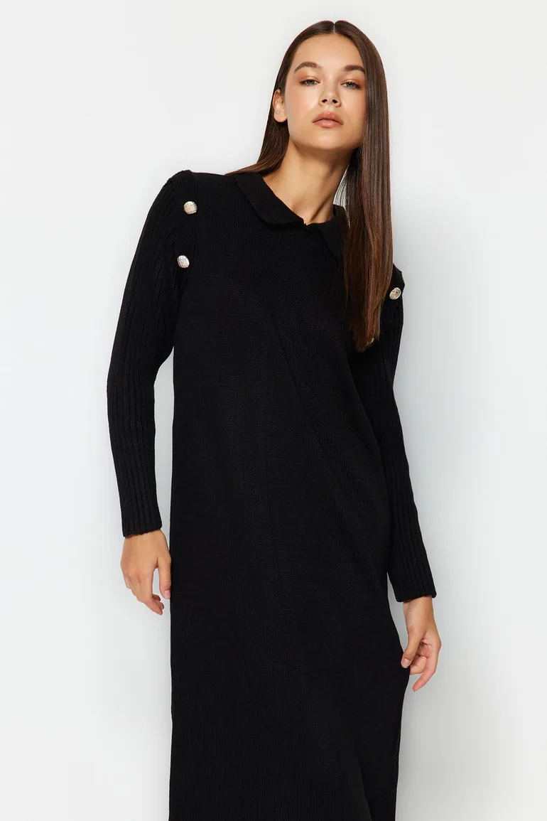 Black Regular Cut Long Knitwear Dress - 1
