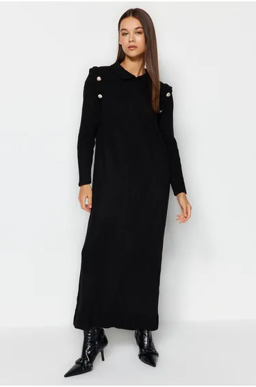 Black Regular Cut Long Knitwear Dress