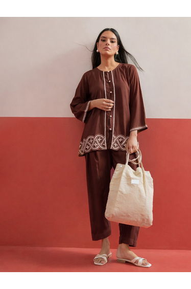 Brown Embroidered Button Down Short Kurti with Salwar Set