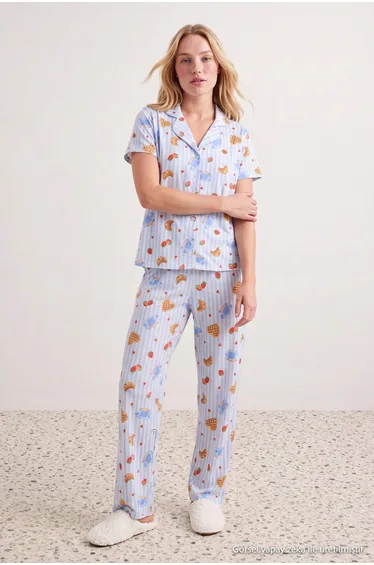 Blue 100% Cotton Printed Knitted Pajamas Set