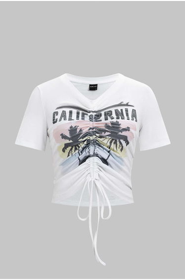 Coconut Palm Letter Print Round Neck Drawstring Ruched Short Sleeve T-Shirt