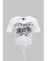 Coconut Palm Letter Print Round Neck Drawstring Ruched Short Sleeve T-Shirt