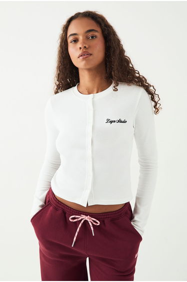 DSGN Studio Ribbed Script Embroidery Button Through Long Sleeve Top - white