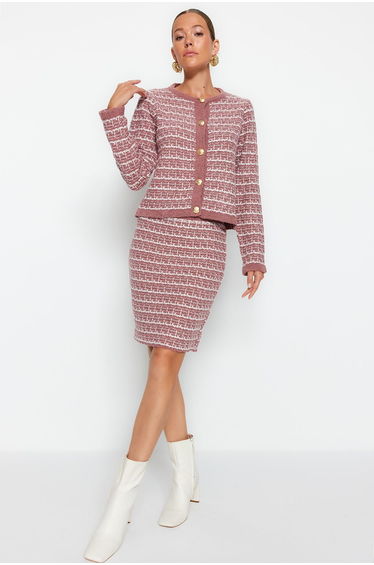 Dusty Rose Knitted Detail Cardigan-Skirt Knitwear Bottom-Top Set