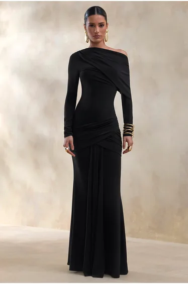 Kessara | Black Asymmetric-Neck Maxi Dress With Sash And Gathered-Detailing