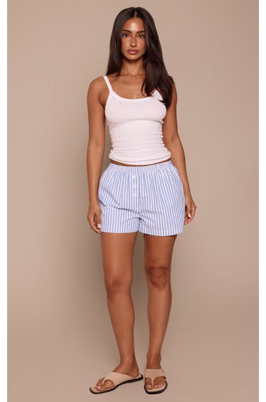 Petite Blue Stripe Button Detail Linen Look Boxer Shorts