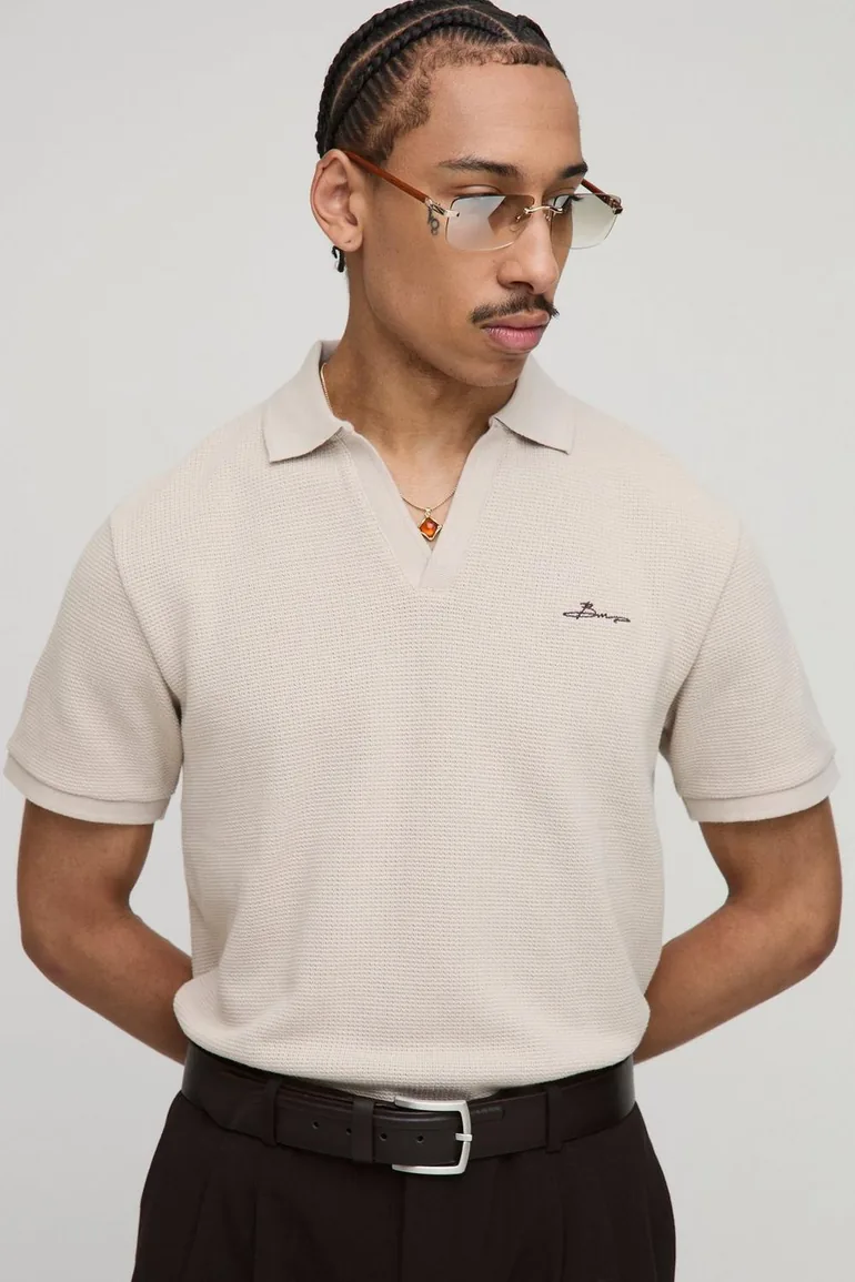 Slim Fit BM Signature Embroidered V Neck Textured Polo - stone