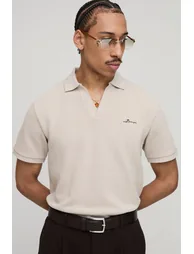 Slim Fit BM Signature Embroidered V Neck Textured Polo - stone