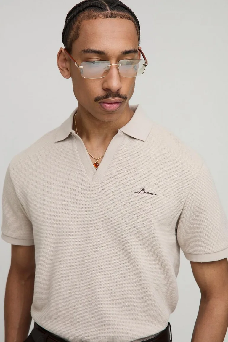 Slim Fit BM Signature Embroidered V Neck Textured Polo - stone - 2