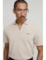 Slim Fit BM Signature Embroidered V Neck Textured Polo - stone - 2