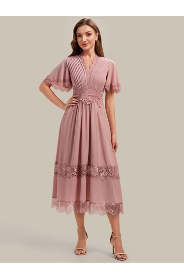 Cut-Out Detail Chiffon Ruffle Sleeve Wedding Guest Dress