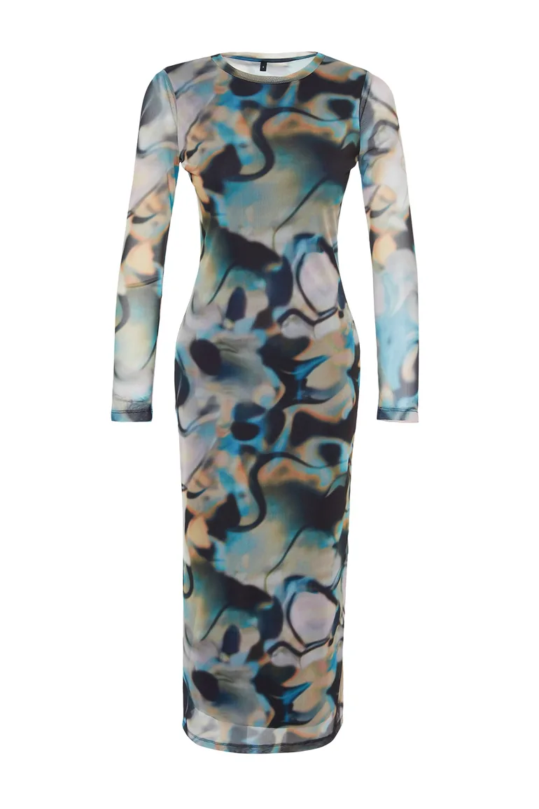 Blue Decollete Decollete Long Sleeve Printed Tulle Stretch Knitted Dress