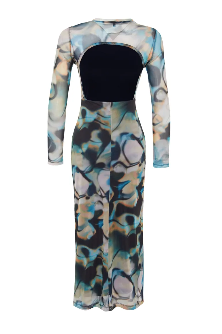 Blue Decollete Decollete Long Sleeve Printed Tulle Stretch Knitted Dress - 1