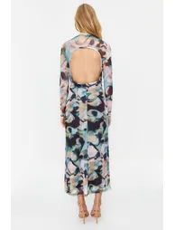Blue Decollete Decollete Long Sleeve Printed Tulle Stretch Knitted Dress - 6