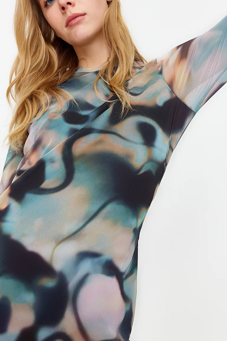 Blue Decollete Decollete Long Sleeve Printed Tulle Stretch Knitted Dress - 2