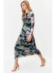 Blue Decollete Decollete Long Sleeve Printed Tulle Stretch Knitted Dress - 4