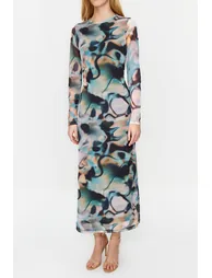 Blue Decollete Decollete Long Sleeve Printed Tulle Stretch Knitted Dress - 3