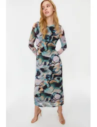 Blue Decollete Decollete Long Sleeve Printed Tulle Stretch Knitted Dress - 7