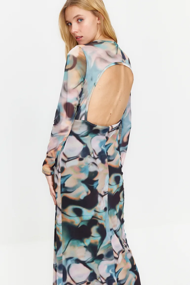 Blue Decollete Decollete Long Sleeve Printed Tulle Stretch Knitted Dress - 5
