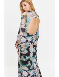 Blue Decollete Decollete Long Sleeve Printed Tulle Stretch Knitted Dress - 5