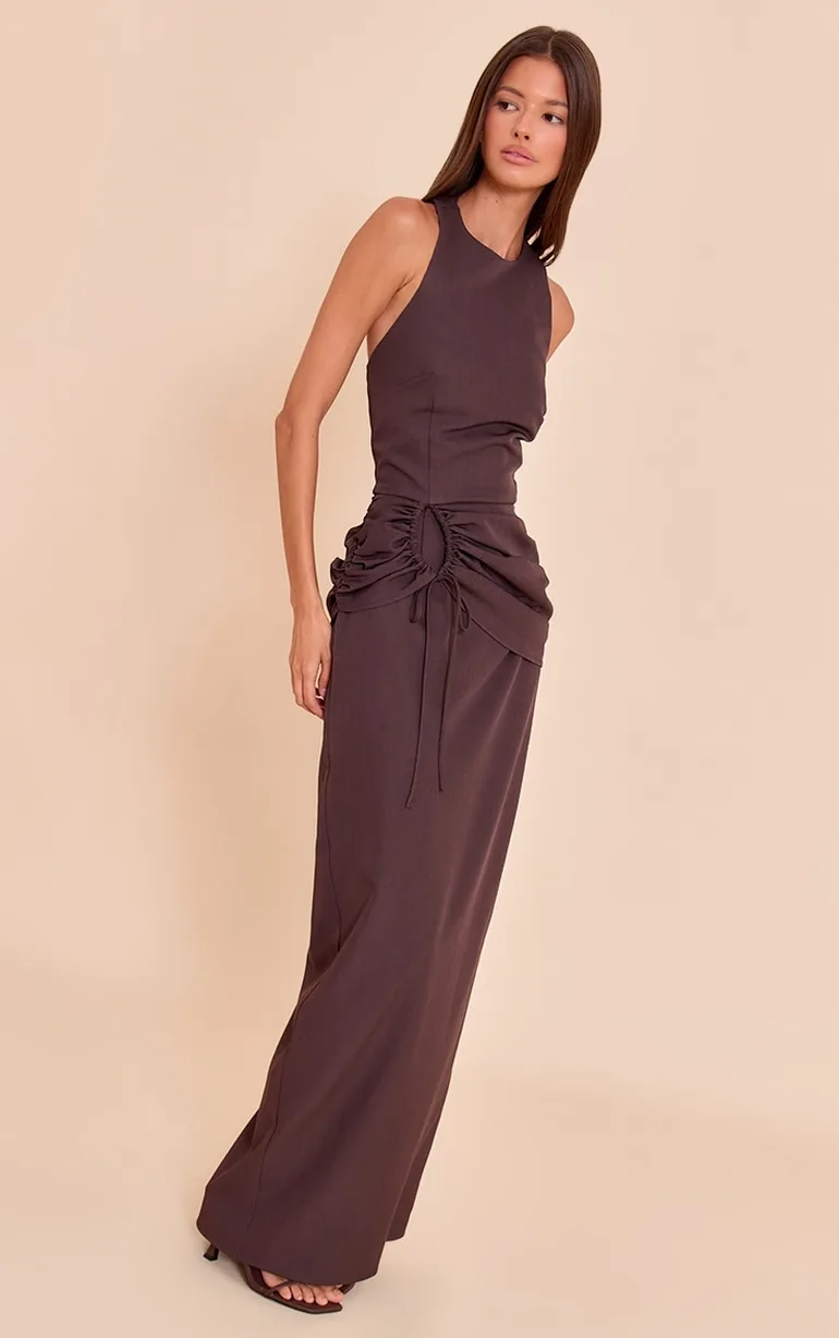 Dark Grey Racer Ruched Maxi Dress Prettylittlething Brown : Day Dresses :  VogaCloset Oman