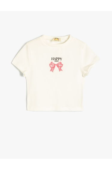 T-Shirt Bow Printed Short Sleeve Crew Neck Cotton