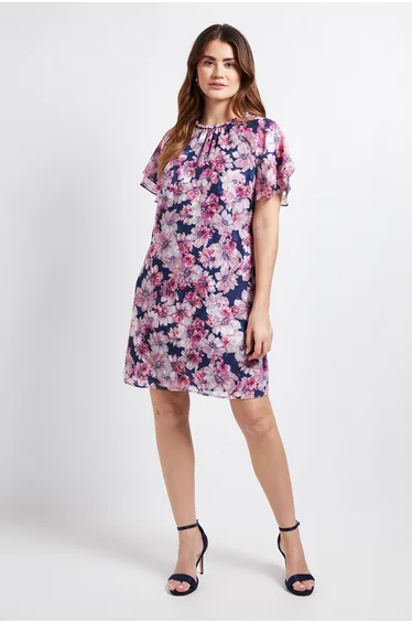 Floral Neck Trim Shift Dress