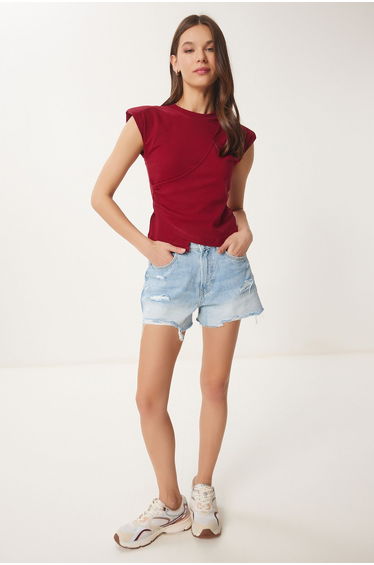 Women's Burgundy Padded Asymmetrical Knitted Blouse