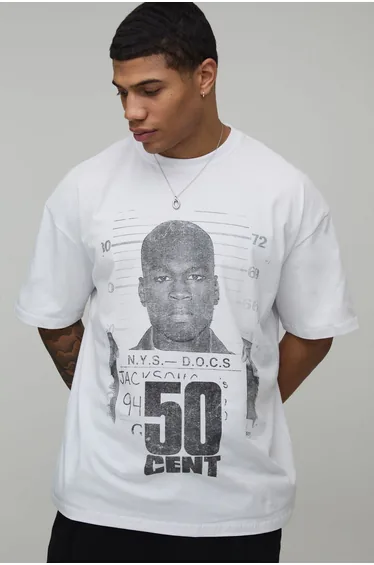 Oversized 50 Cent License Printed T-Shirt - white