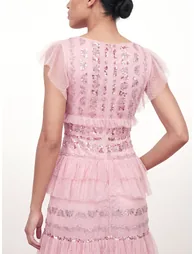 Maya Soft Pink Spot Mesh Embellished Flutter Sleeve Tiered Maxi Dress - 3