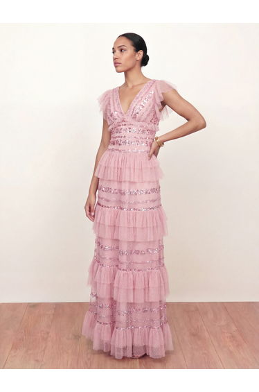 Maya Soft Pink Spot Mesh Embellished Flutter Sleeve Tiered Maxi Dress