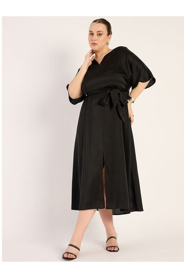 Plus Size V Neck Front Slit Detail A-Line Maxi Dress