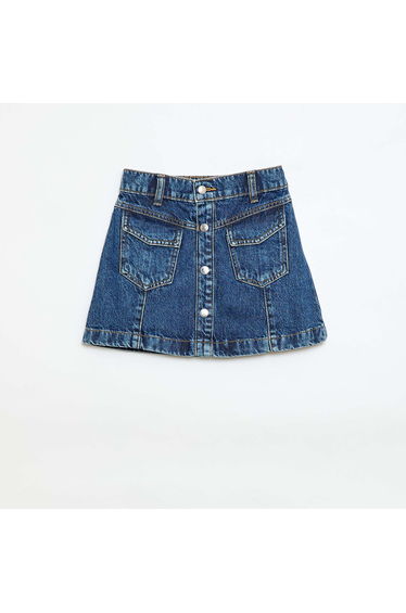 Button-Front Denim Skirt BLUE