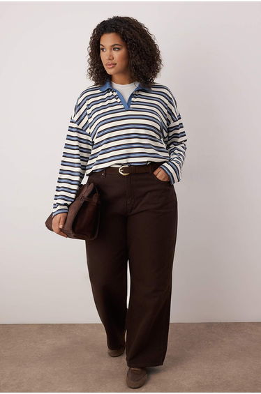 Blue ribbed knit plus size blouse