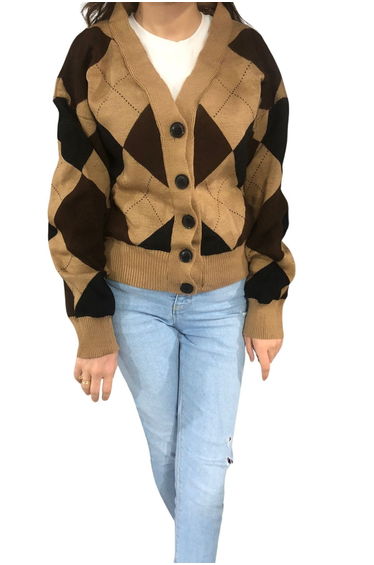 Brown Diamond Patterned Off Shoulder Buttoned Front Cardigan