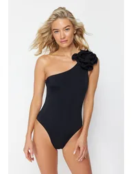 Black One-Shoulder Floral Appliqué Swimsuit