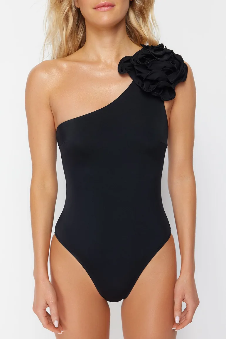Black One-Shoulder Floral Appliqué Swimsuit - 2