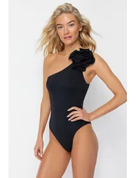 Black One-Shoulder Floral Appliqué Swimsuit - 1