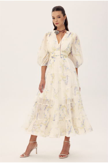 Stephanie Birds Printed V-neck Midi Dress