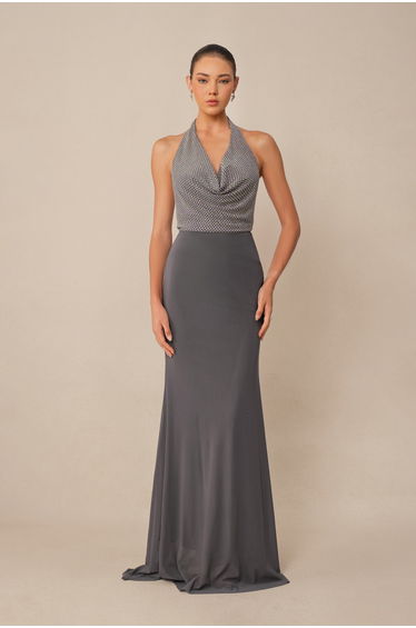 Grey Rhinestone Embellished Halter Neck Maxi Dress