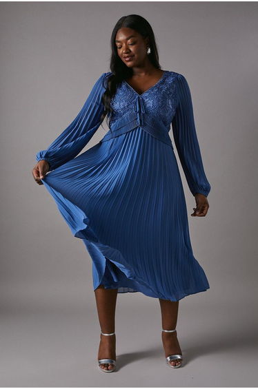 Plus Lace Insert Long Sleeve Pleat Dress