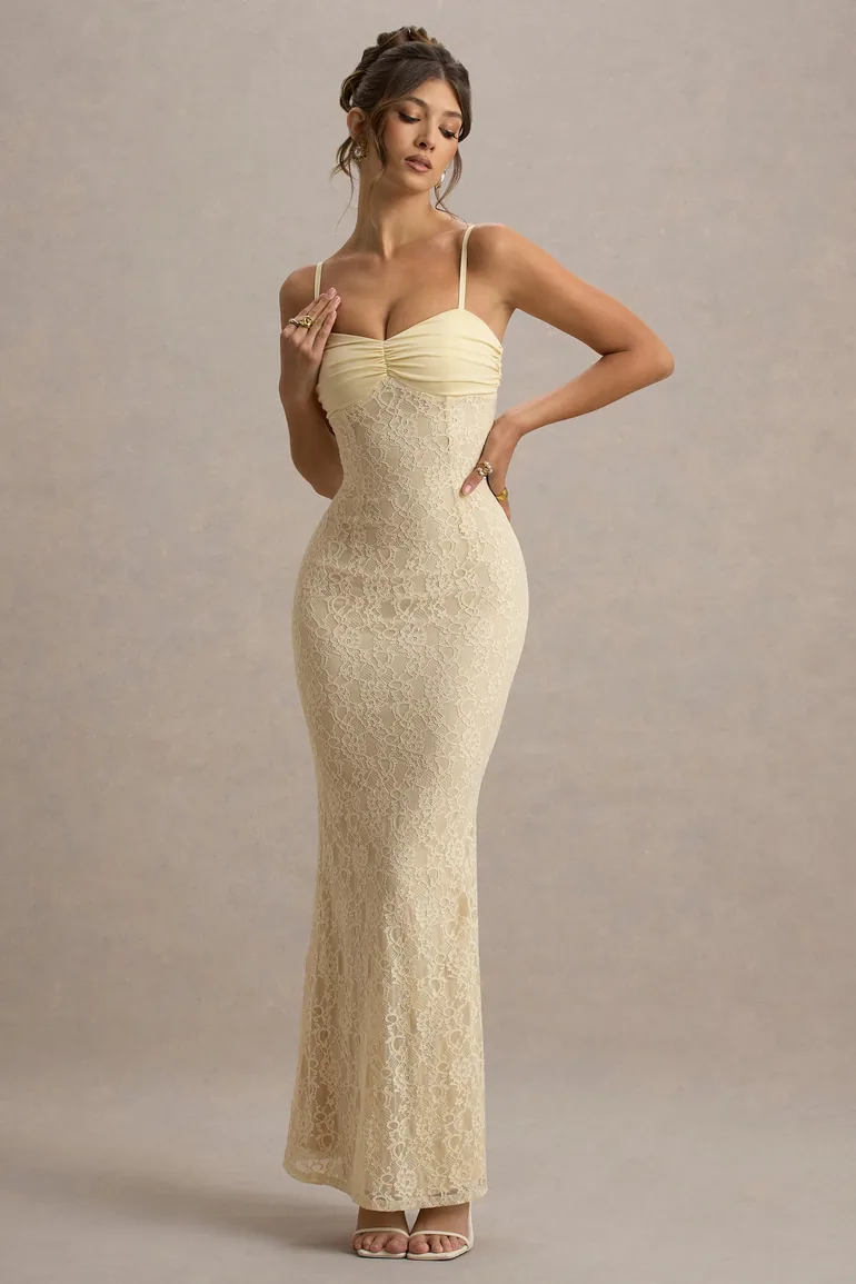 Felicia | Pale Lemon Satin Sweetheart Maxi Dress With Lace Details - 3