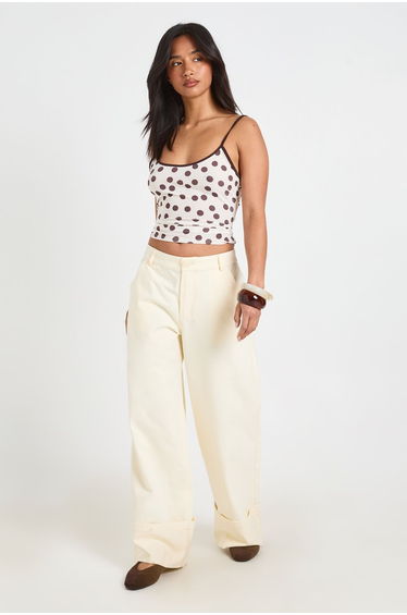 Petite Turn Up Hem Twill Wide Leg Trousers - ecru