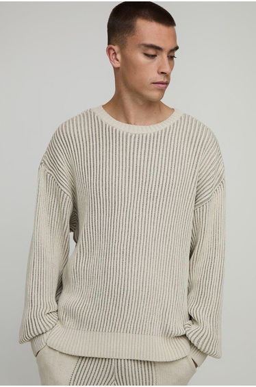 Man Relaxed Boxy Ribbed Knitted Jumper - stone