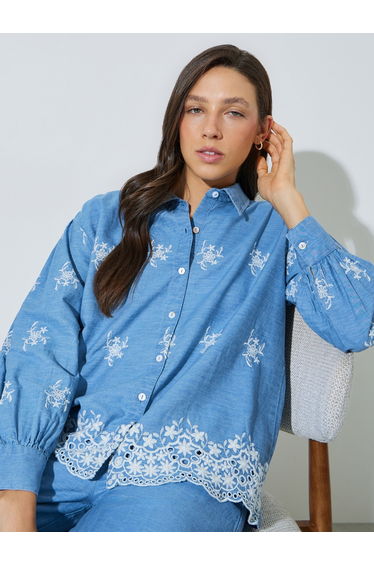 Blue Cotton Embroidered Boxy Fit Shirt