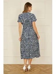 Yumi Navy Geometric Print Ruched Waist Midi Dress With Kimono Sleeves - 4