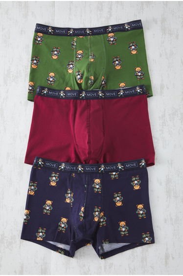 Multi-Colored 3-Pack Bear Printed-Plain Flexible Cotton Boxers