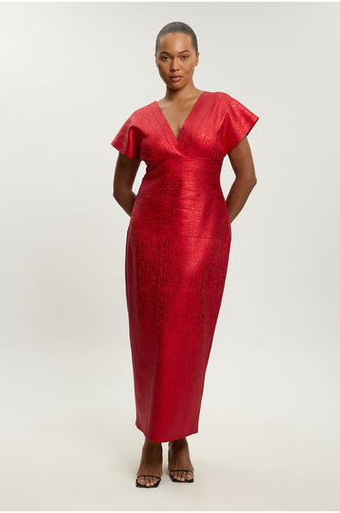 Plus Size Foil Metallic Figure Form Angel Sleeve Knit Maxi Dress
