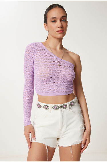 Women's Lilac One Shoulder Openwork Stretchy Knitted